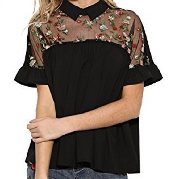 Tops - Black blouse with sheer floral mesh over shoulders, Size M